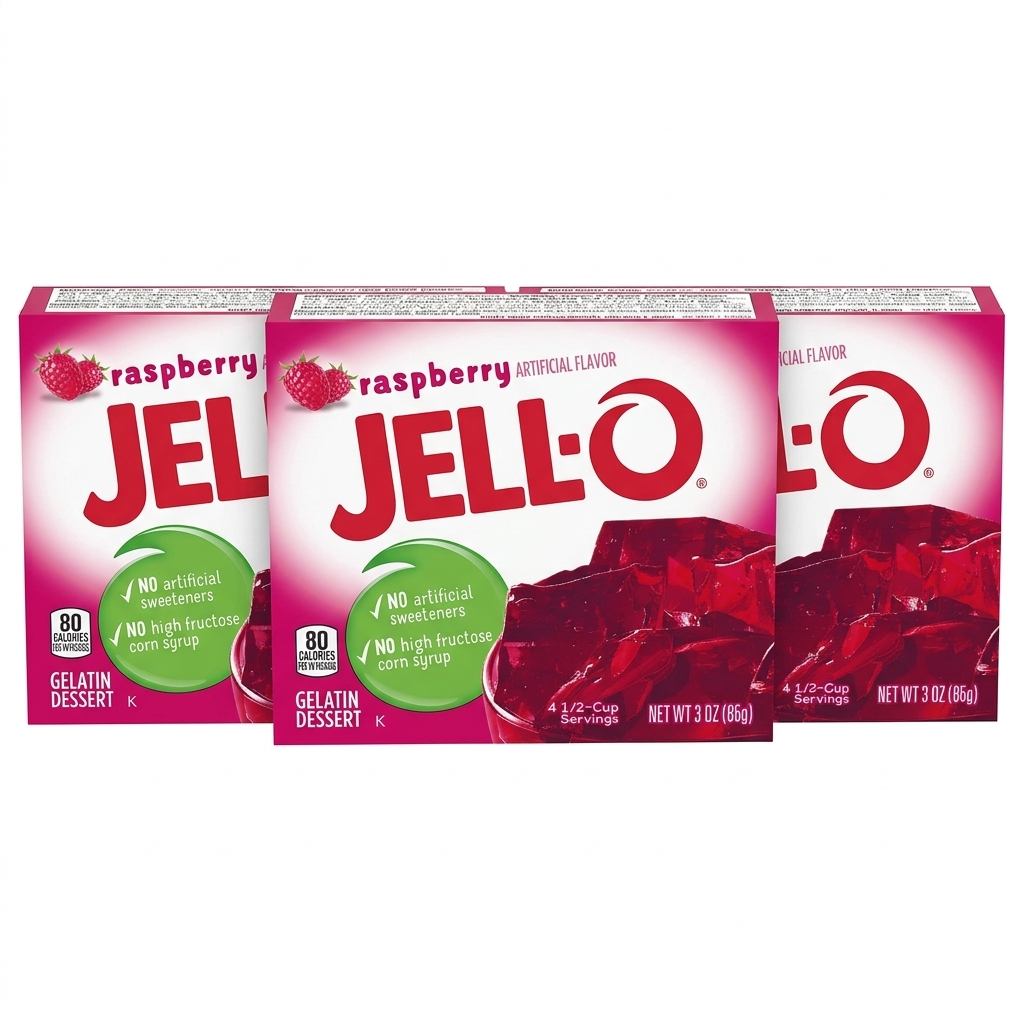 Jell-O Raspberry Gelatin 3oz 85g US Dessert Jelly Mix Pack of 3 Value Bundle