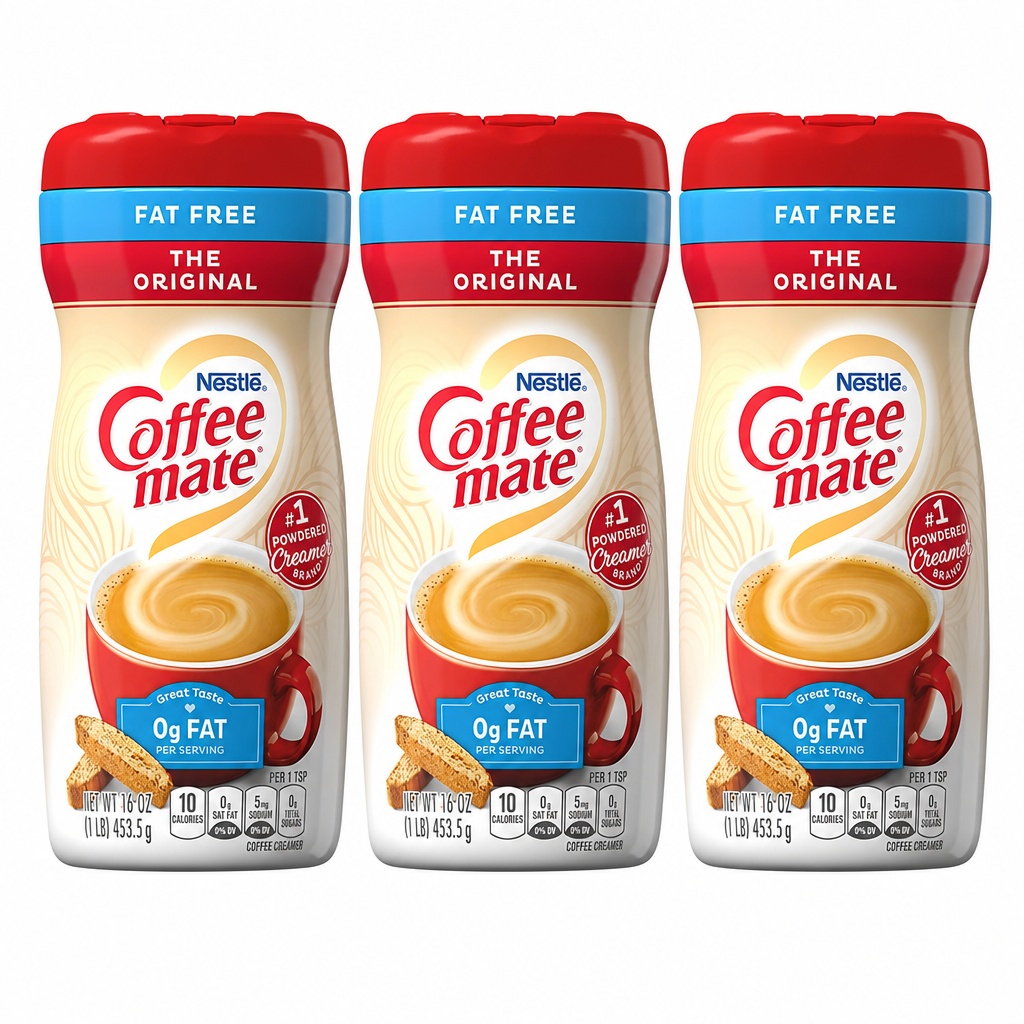 Coffee-Mate Fat Free Creamer Powder 16Oz US Non-Dairy Pack of 3 Value Bundle